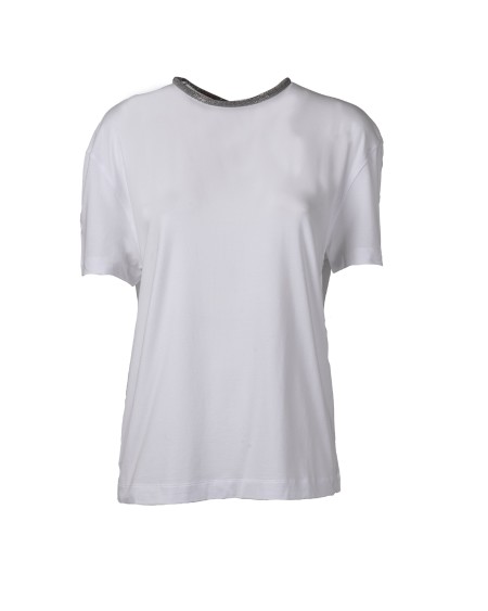 Shop BRUNELLO CUCINELLI  T-shirt: Brunello Cucinelli t-shirt in cotone.
Inserto sul collo con brillantini.
Chiusura con bottone sul retro.
Composizione: 93% cotone, 7% elastan.
Made in Italy.. M0T18BJ710-C159